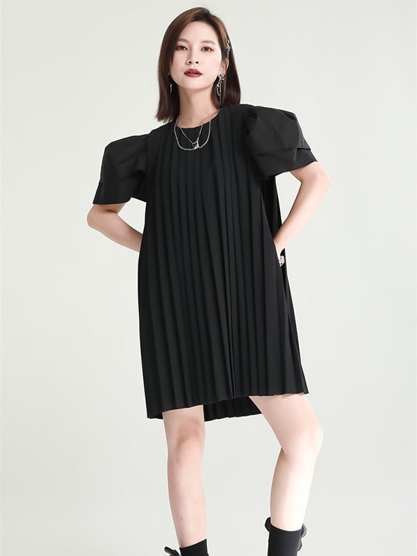 Urban Puff Sleeves Split-Joint Black Pleated Mini Dress