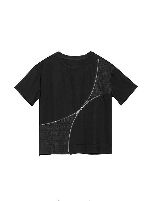 Asymmetric Split-Joint Zipper Loose Short Sleeves Round-neck T-Shirts Tops