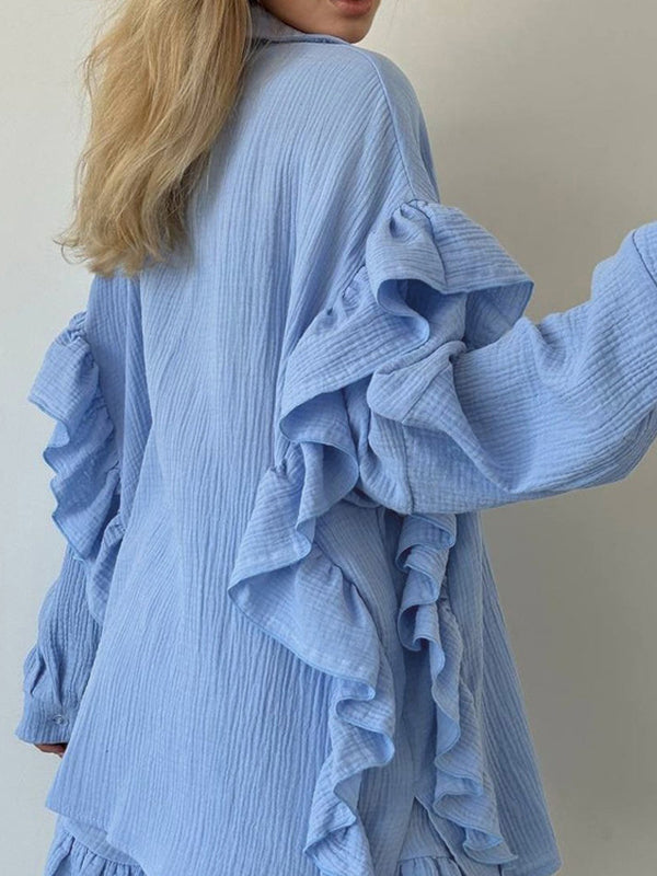 Split-Joint Lapel Long Sleeves Loose Buttoned Ruffle Trim Solid Color Blouses Tops + Elasticity Shorts Bottom Two Pieces Set