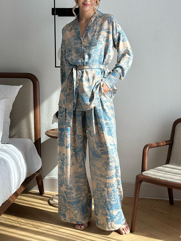 Printed Long Sleeves Buttoned Tied Waist Notched Collar Shirts Top + High Waisted Pants Bottom Two Pieces Set