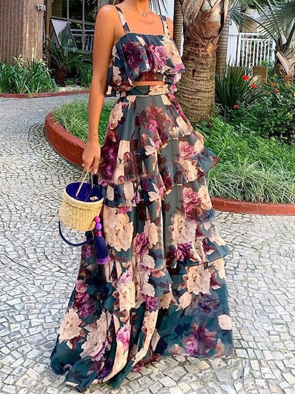 Spaghetti-Neck Loose Flower Print Layered Split-Joint Vest Top +High Waisted Skirts Bottom Two Pieces Set