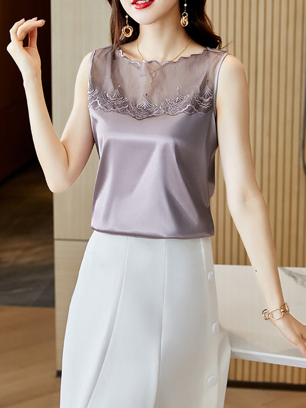 Lacy Solid Color Split-Joint Loose Sleeveless Round-neck Vest Top