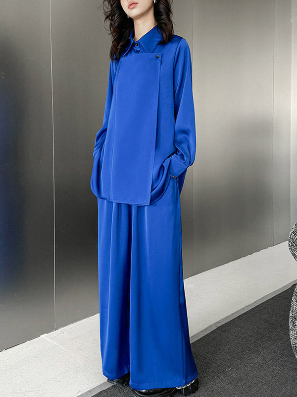 Buttoned Solid Color Long Sleeves Lapel Shirts Top + Elasticity High Waisted Pants Bottom Two Pieces Set