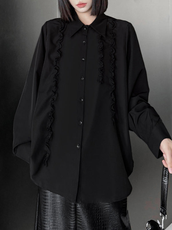 Buttoned Falbala Ruffled Solid Color Split-Joint Hipster Long Sleeves Lapel Blouses&shirts Tops
