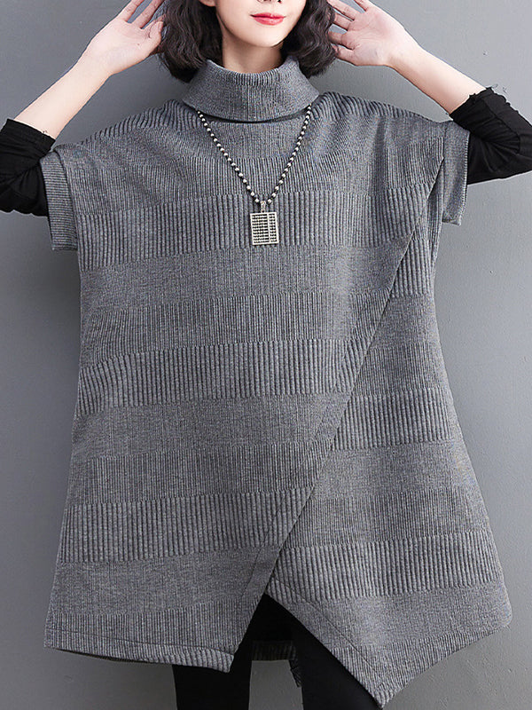 Asymmetric Solid Color Split-front Split-Joint Loose Raglan Sleeve High-neck Mini Dresses Knitwear