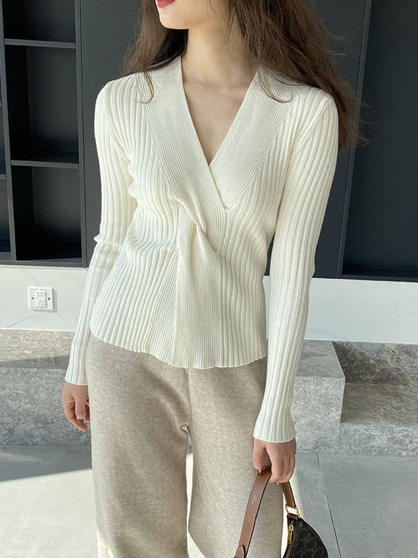 Knot Solid Color Long Sleeves Loose V-Neck Sweater Tops Pullovers