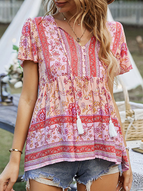Buttoned Flower Print Split-Joint Tasseled Tied Loose Short Sleeves V-Neck T-Shirts Tops