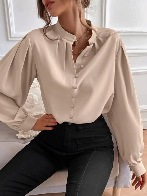 Pleated Solid Color Split-Joint Loose Puff Sleeves Stand Collar Blouses