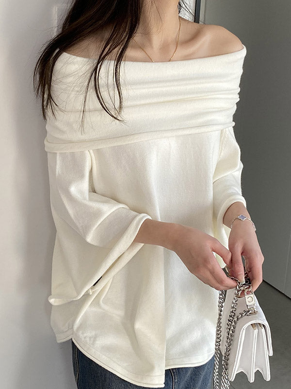 Solid Color Batwing Sleeves Flared Sleeves Off-the-shoulder Knit Top