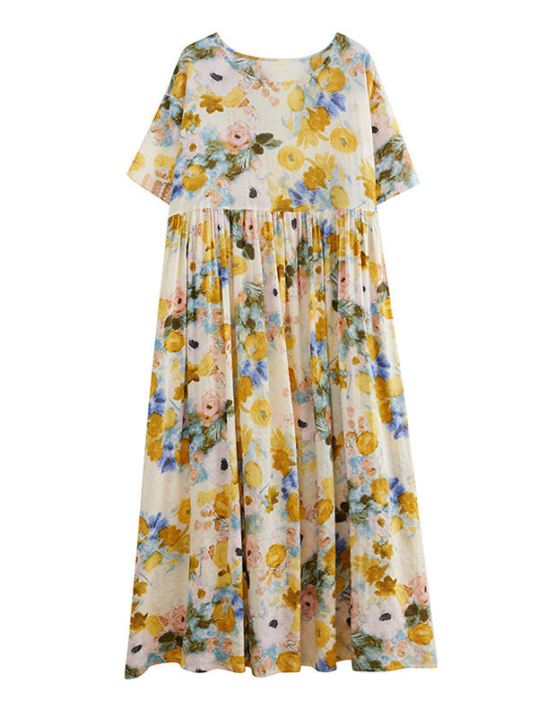 Floral Printed A-line Loose Round-neck Midi Dresses