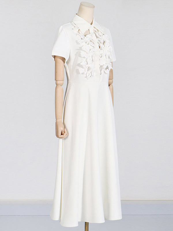 Hollow Solid Color Three-Dimensional Flower High Waisted Loose Lapel Midi Dresses