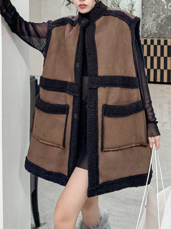 Buttoned Contrast Color Pockets Reversible Velvet Loose Sleeveless Stand Collar Vest Outerwear