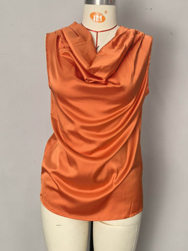 Pleated Solid Color Loose Sleeveless V-Neck Vest Top