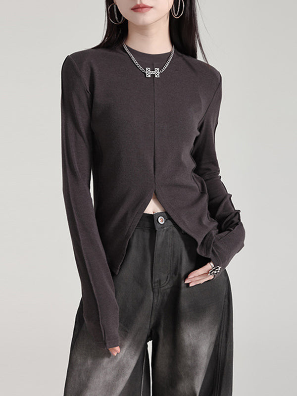 Solid Color Split-front Long Sleeves Skinny Round-neck T-Shirts Tops
