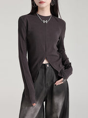 Solid Color Split-front Long Sleeves Skinny Round-neck T-Shirts Tops