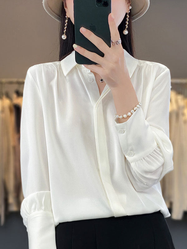 Buttoned Pleated Solid Color Long Sleeves Loose Lapel Blouses&Shirts Tops