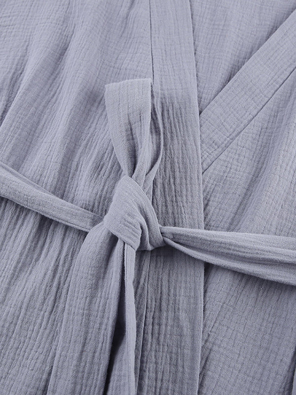 Ribbed Solid Color Long Sleeves Loose V-Neck Robes Pajamas