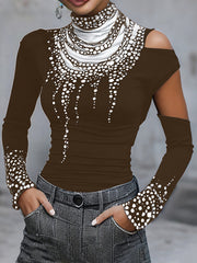 Hollow Printed Long Sleeves Skinny High Neck T-Shirts Tops