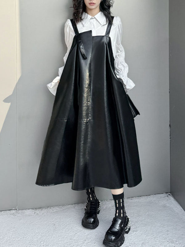 Asymmetric Pleated Solid Color Split-Joint A-Line Loose Square-Neck Slip Dress Midi Dresses