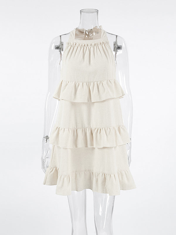 Ruffle Trim Solid Color Tied Zipper A-line Loose Spaghetti-Neck Mini Dresses