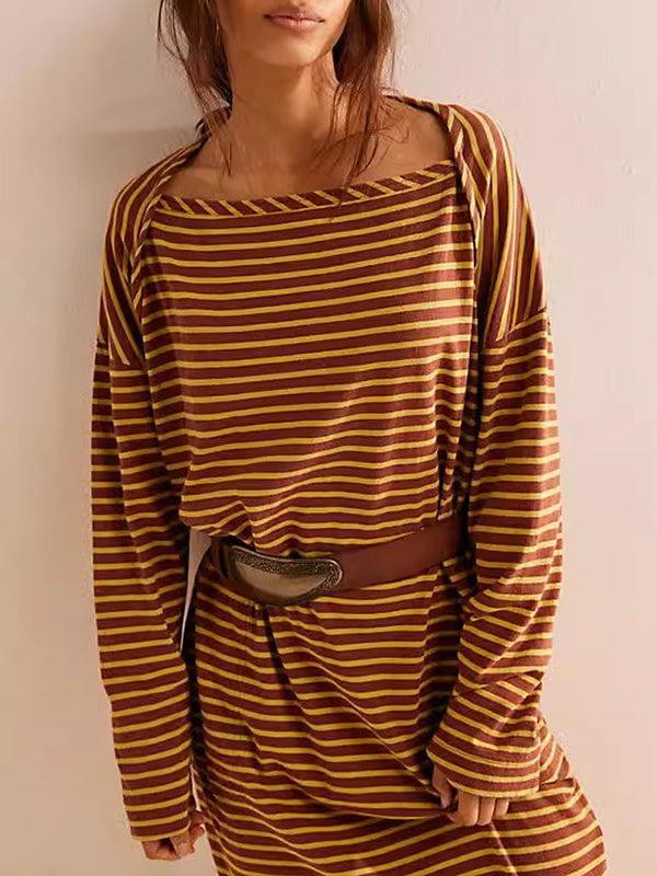 Contrast Color No Belt Split-Joint Striped Long Sleeves Loose Round-Neck Maxi Dresses