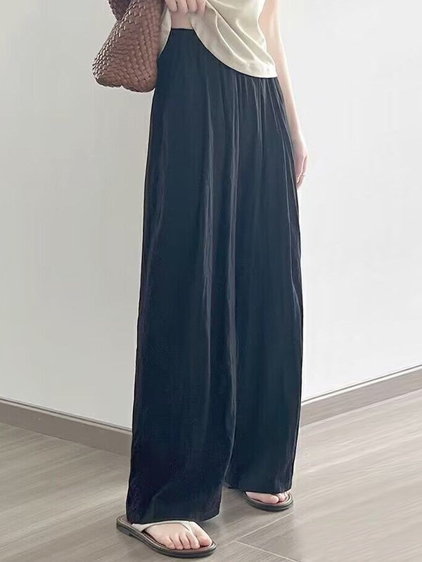 Elasticity Pleated Pockets Solid Color High Waisted Loose Trousers Pants