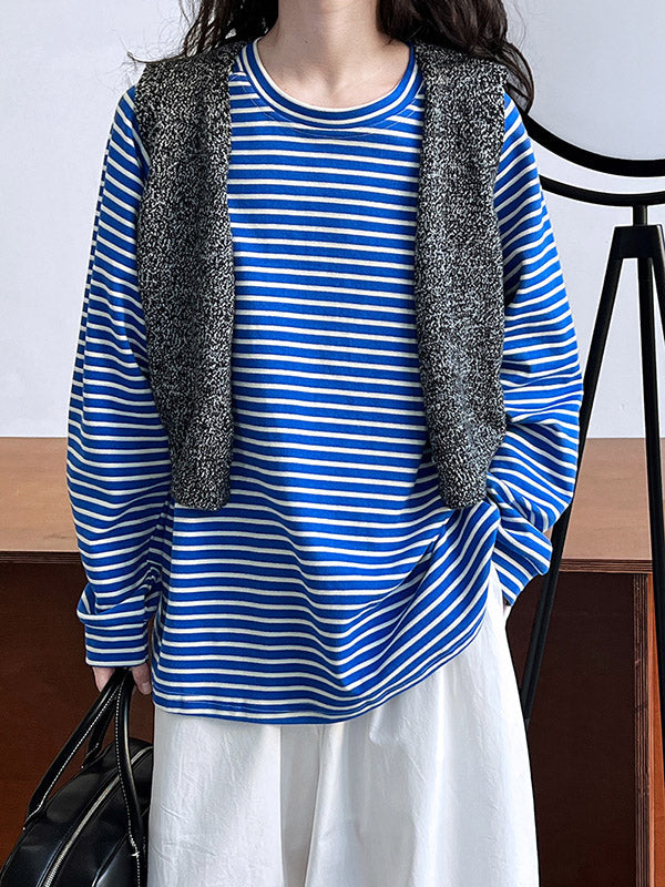 Contrast Color Striped Long Sleeves Loose Round-neck Sweatshirt Tops
