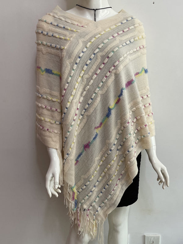 Asymmetric Contrast Color Tasseled Loose V-Neck Shawl&Cloak Cape