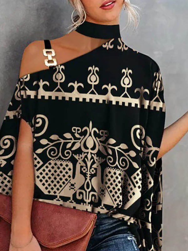 Asymmetric Chains Hollow Printed Batwing Sleeves Loose Asymmetric Collar T-Shirts Tops