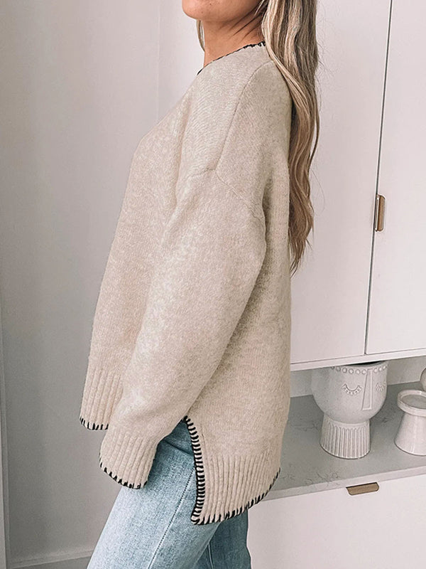 Split-Joint Split-Side High-Low Long Sleeves Round-Neck Sweater Tops Pullovers
