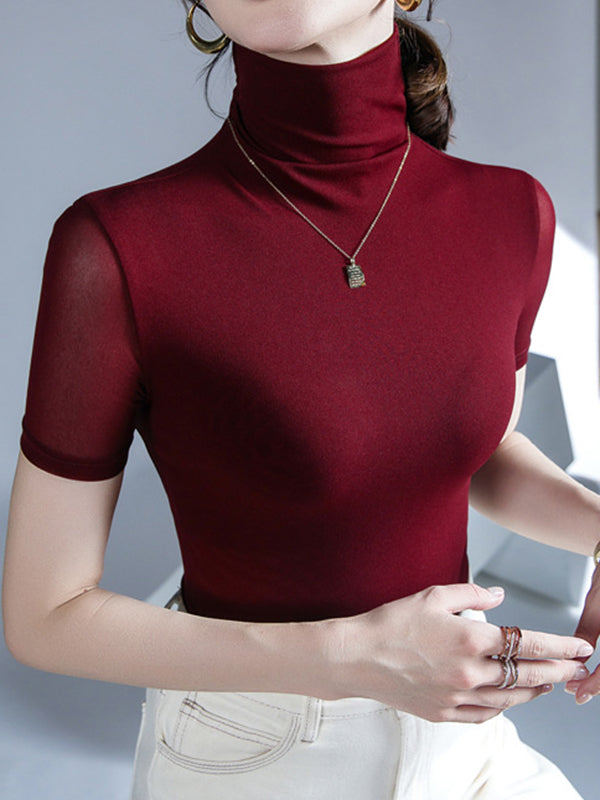 Solid Color Half Sleeves Skinny High Neck T-Shirts Tops