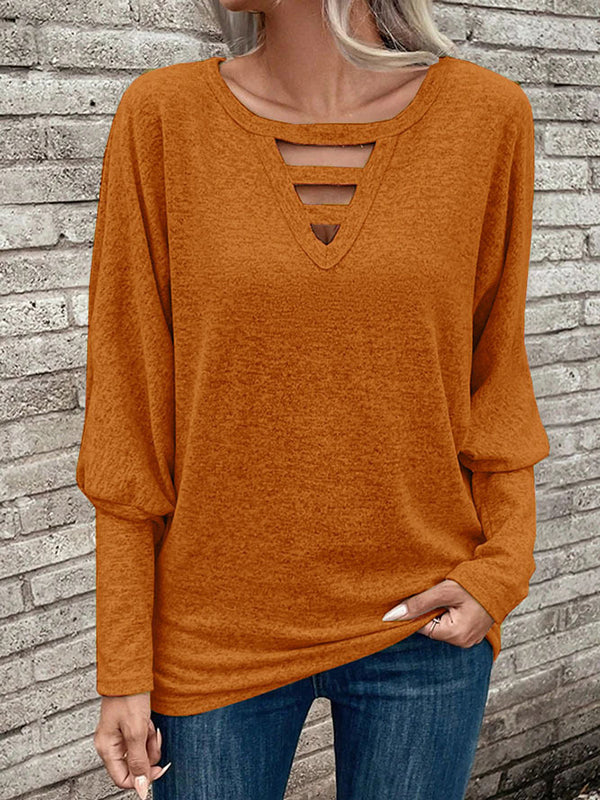 Hollow Solid Color Split-Joint Long Sleeves Loose V-neck T-Shirts Tops