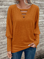Hollow Solid Color Split-Joint Long Sleeves Loose V-neck T-Shirts Tops