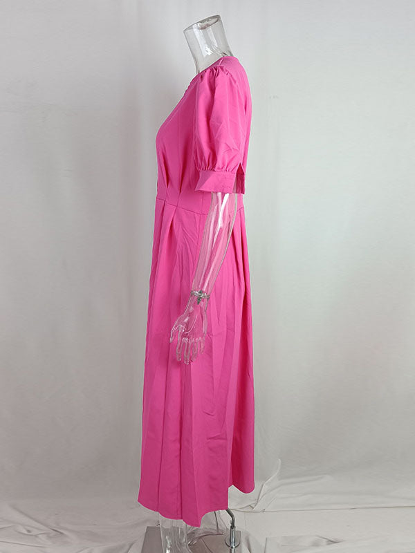 Buttoned High Waisted Loose Round-neck Midi Dresses