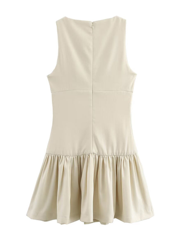 Pleated Solid Color Split-Joint Zipper A-Line Loose Round-Neck Mini Dresses