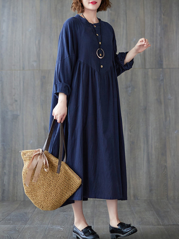 Pleated Solid Color Loose Puff Sleeves Stand Collar Midi Dresses