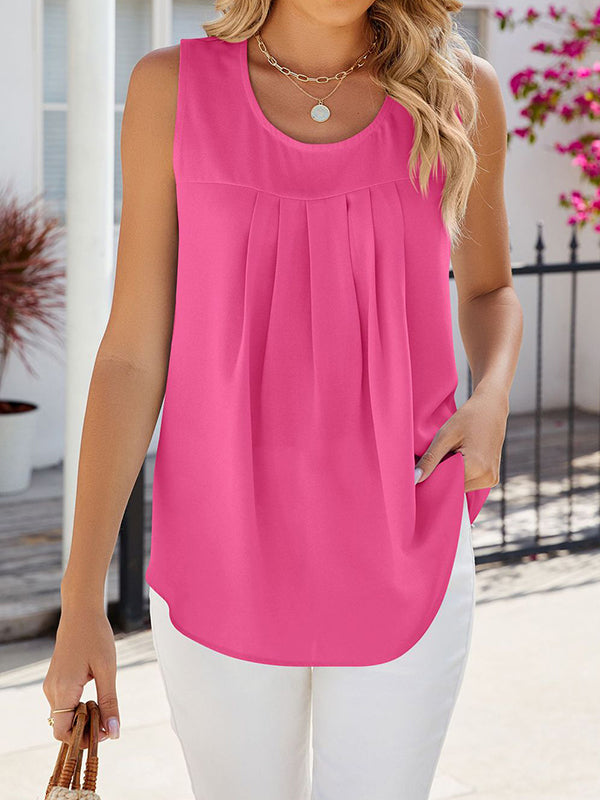 Pleated Solid Color Split-Joint Loose Sleeveless Round-Neck Vest Top