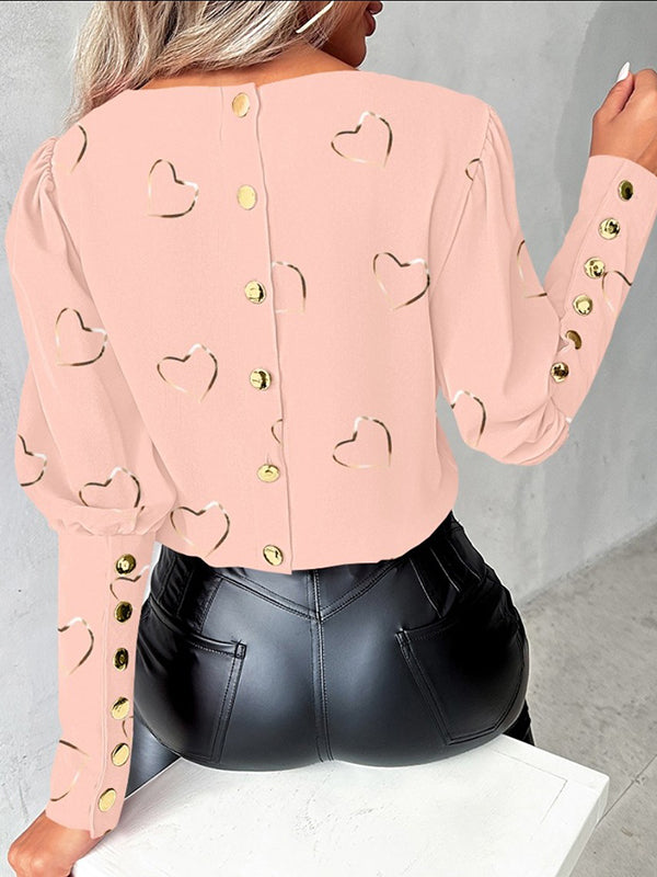 Contrast Color Heart Print Loose Blouses&Shirts Tops