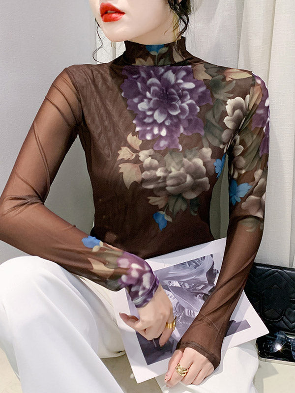 Floral Printed See-Through Split-Joint Long Sleeves Plus Size High Neck T-Shirts