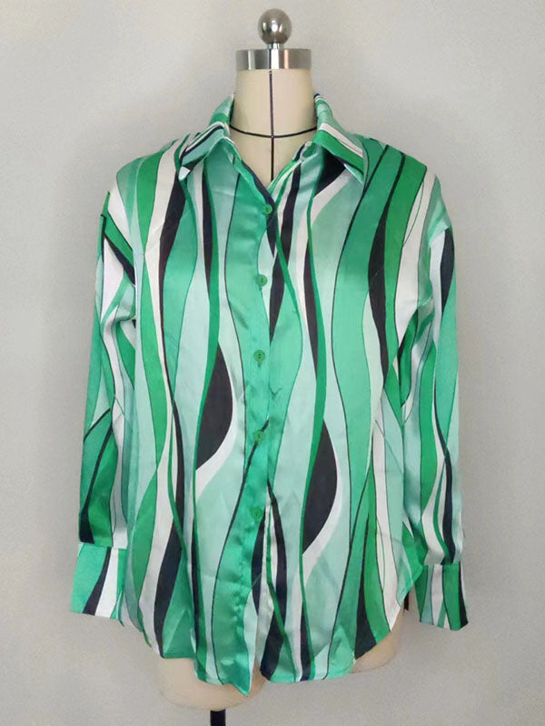 Contrast Color Striped Long Sleeves Loose Lapel Blouses