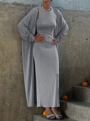 Solid Color Long Sleeves Round-Neck Inner Dress + Bodycon Outerwear Two Pieces Set