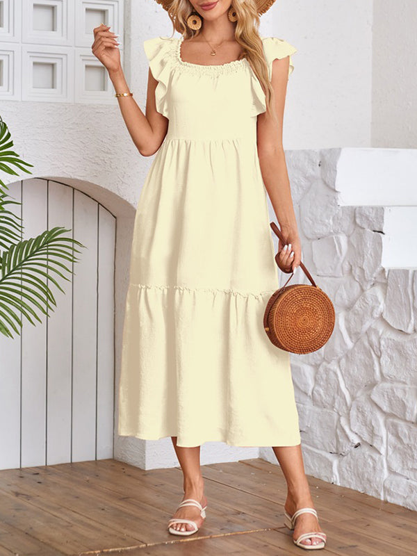 Elasticity Pleated Ruffled Solid Color Split-Joint A-Line Loose Off-The-Shoulder Midi Dresses