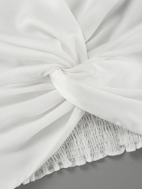 Elasticity Pleated Solid Color Split-Joint Loose Puff Sleeves V-Neck Blouses&Shirts Tops