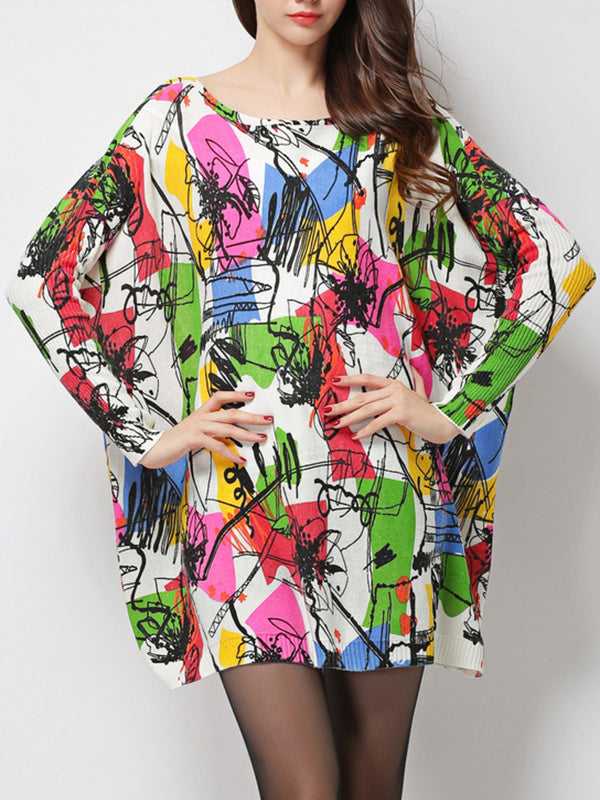 Printed Split-Joint Long Sleeves Loose Round-Neck Sweater Tops