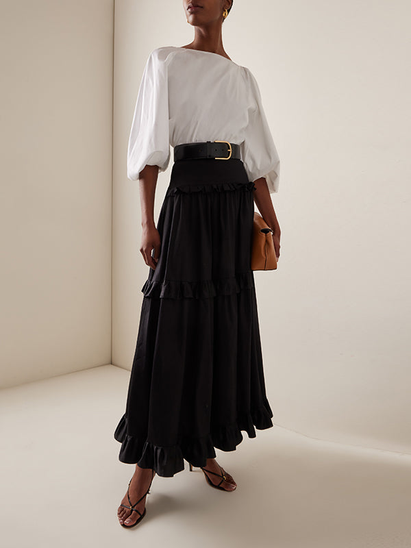 Solid Color Split-Joint Loose Puff Sleeves Round-Neck Blouses&Shirts Tops