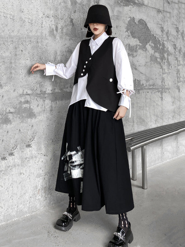 Original Loose Lace-Up Hollow Sleeve Blouse+Black Vest+Wide Leg Pants Culotte Three Pieces Set