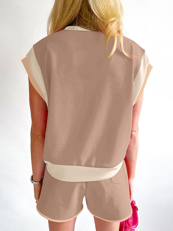 Contrast Color Elasticity Loose Short Sleeves Round-Neck T-shirt + Shorts Two Pieces Set