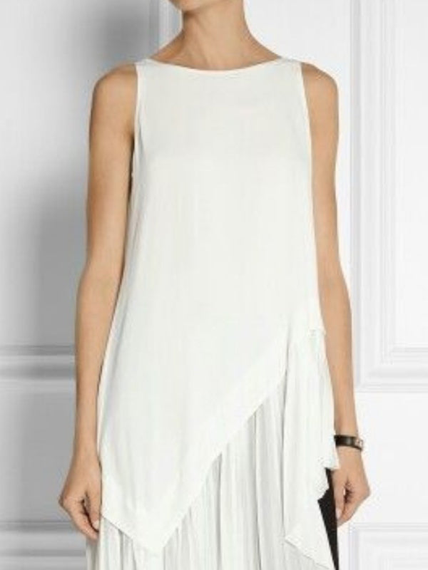 Asymmetric Pleated Split-Joint Irregularity Sleeveless Round-Neck Vest Top