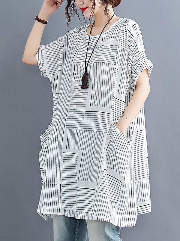 Striped Loose Short Sleeves Round-Neck T-Shirts