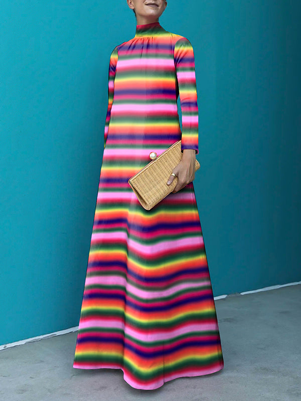 Long Sleeves Loose Contrast Color Striped Stand Collar Maxi Dresses